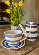 Load image into Gallery viewer, Extra large blue and white striped tea cup with saucer