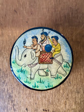 Load image into Gallery viewer, Round paper mâché lidded pot hand decorated with an elephant