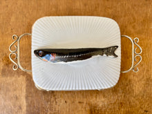 Load image into Gallery viewer, White porcelain sardine lidded dish with silver plated stand