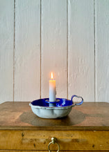 Load image into Gallery viewer, Blue enamel candle holder with scalloped form