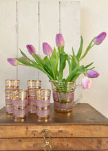 Load image into Gallery viewer, A pretty pink and gilt trimmed glass jug and six matching glasses