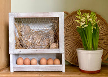 Load image into Gallery viewer, Rustic pottery chicken in nesting box with egg rack
