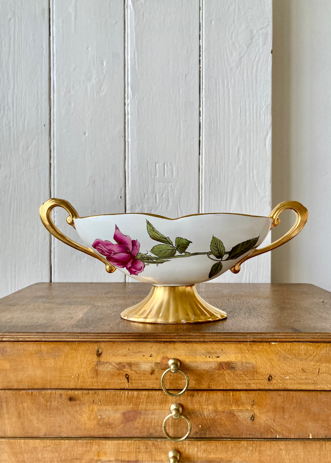 Rare Crown Devon rose mantle vase with gilt foot and twin handles
