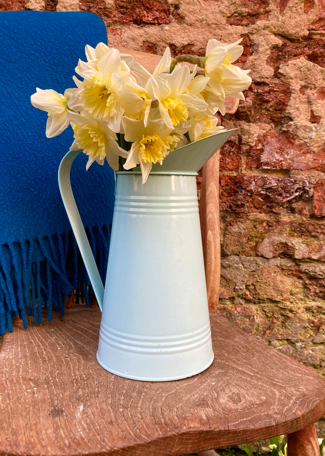 Vintage French-style pastel blue metal pitcher