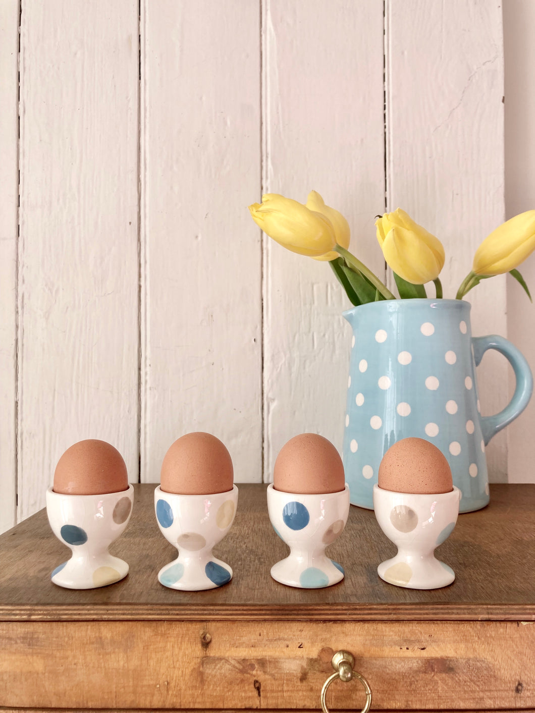 Set of four pastel spotty egg cups