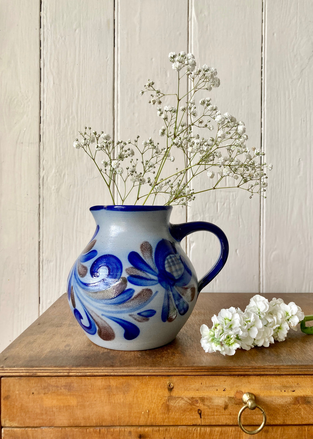 Blue salt glaze floral jug