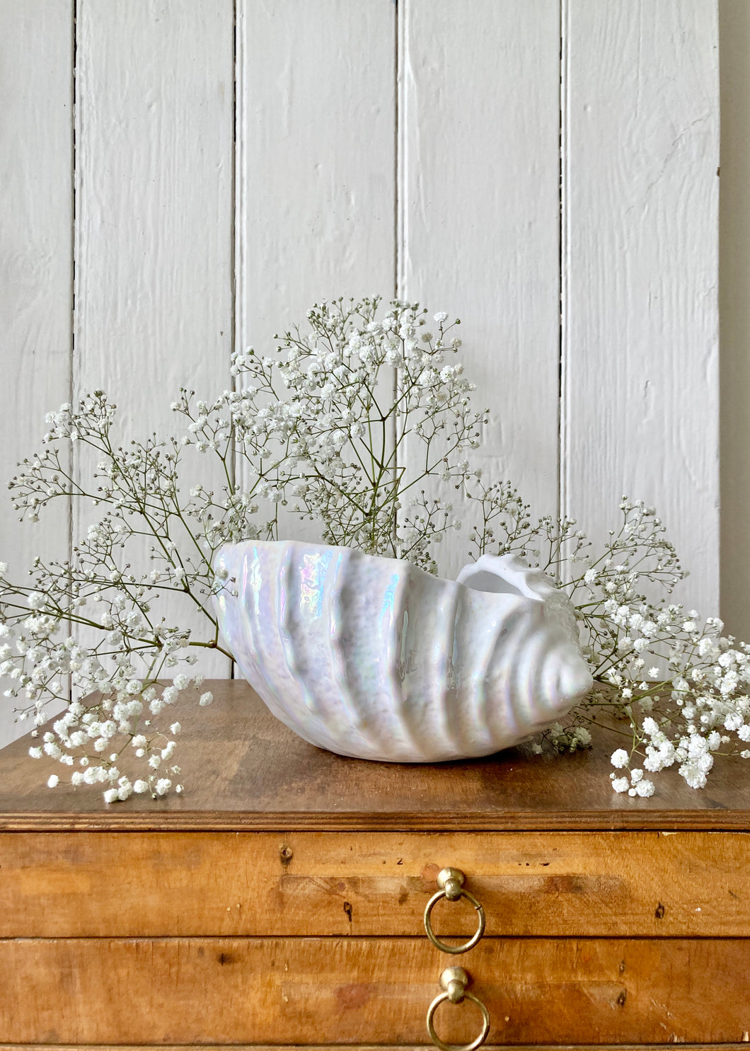 Lustre ware white shell vase