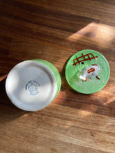 Load image into Gallery viewer, Green barrel-style butter dish with cow on lid