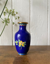 Load image into Gallery viewer, Decorative cloisonné vase in blue with peonies and butterfly