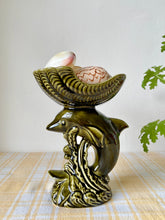 Load image into Gallery viewer, Dolphin and shell decorative pedestal dish in olive green
