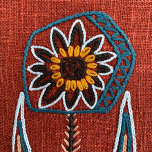 Load image into Gallery viewer, Hand embroidered, folk art style linen placemat with fringed edge.