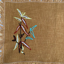 Load image into Gallery viewer, Hand embroidered, folk art style linen placemat with fringed edge.