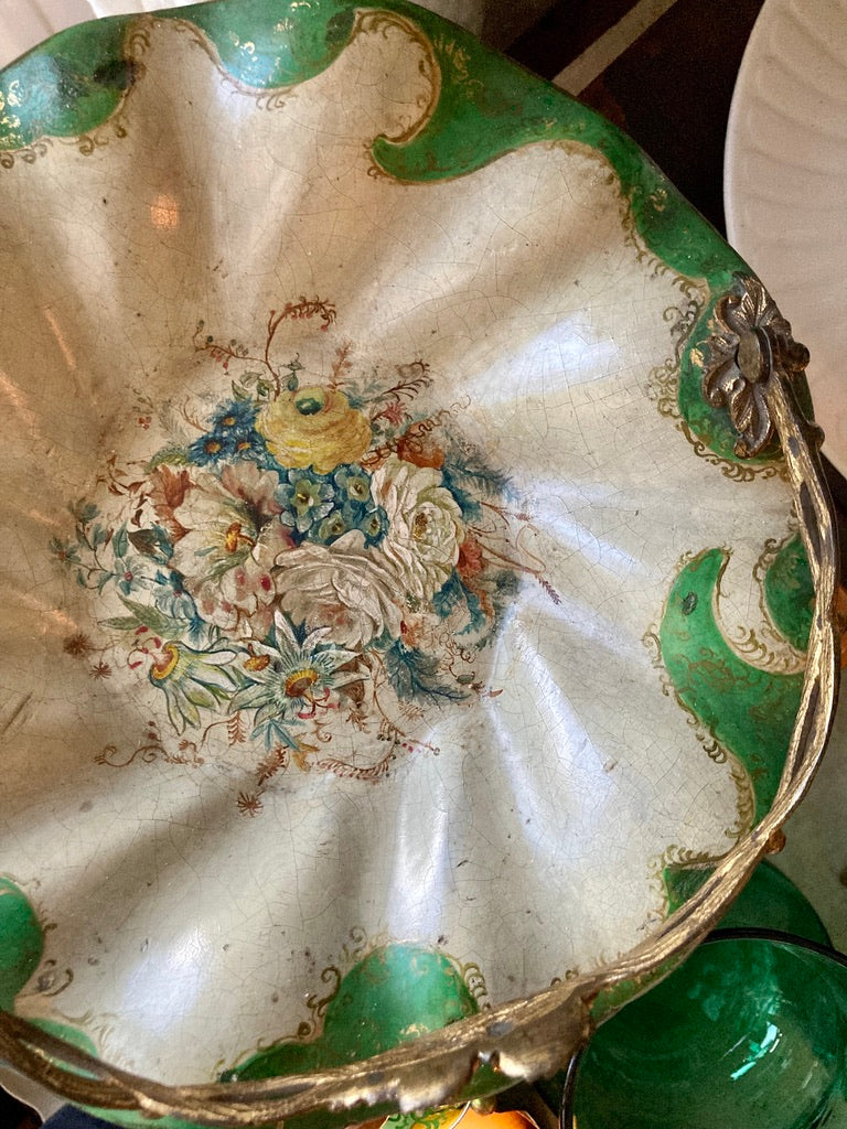 Fine antique papier mache fluted dish with articulated handle