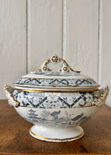 Load image into Gallery viewer, Grey and white transfer ware lidded tureens in oriental style with gilt trim
