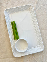 Load image into Gallery viewer, White ceramic faux wicker serving platter with majolica asparagus
