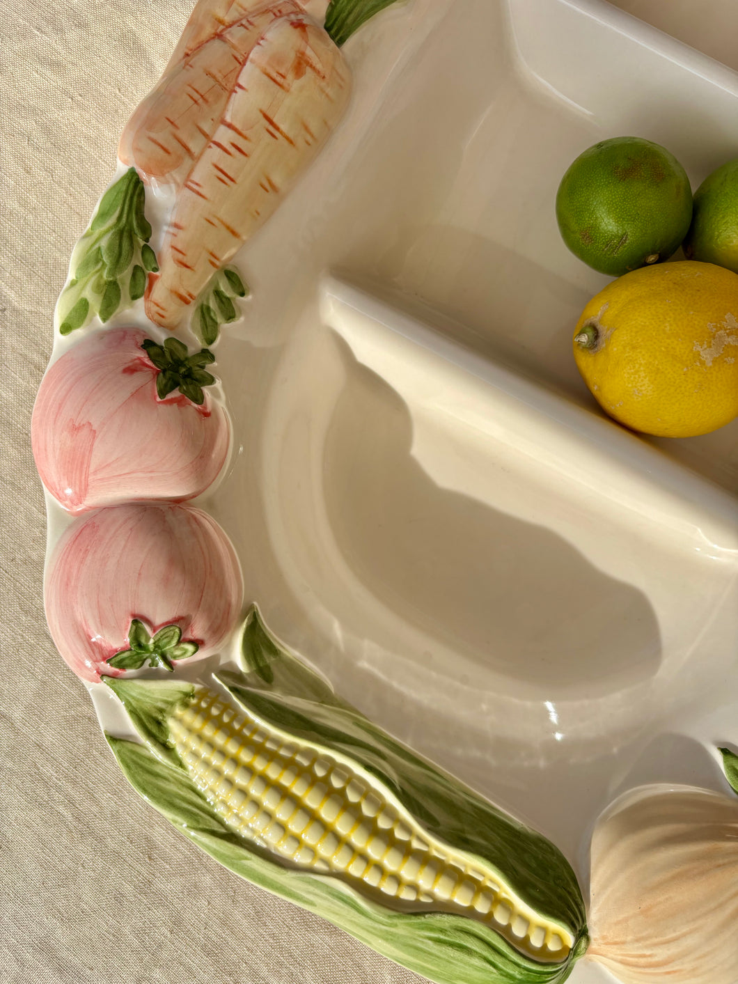 Large white majolica vegetable platter with three compartments