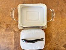 Load image into Gallery viewer, White porcelain sardine lidded dish with silver plated stand
