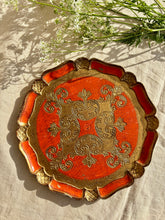Load image into Gallery viewer, Orange and gilt papier mache Florentine circular tray
