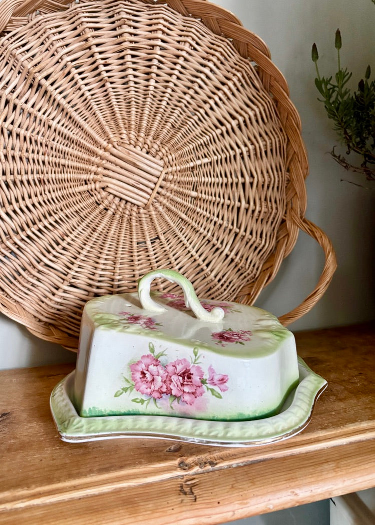 Large floral green and pink cheese cloche