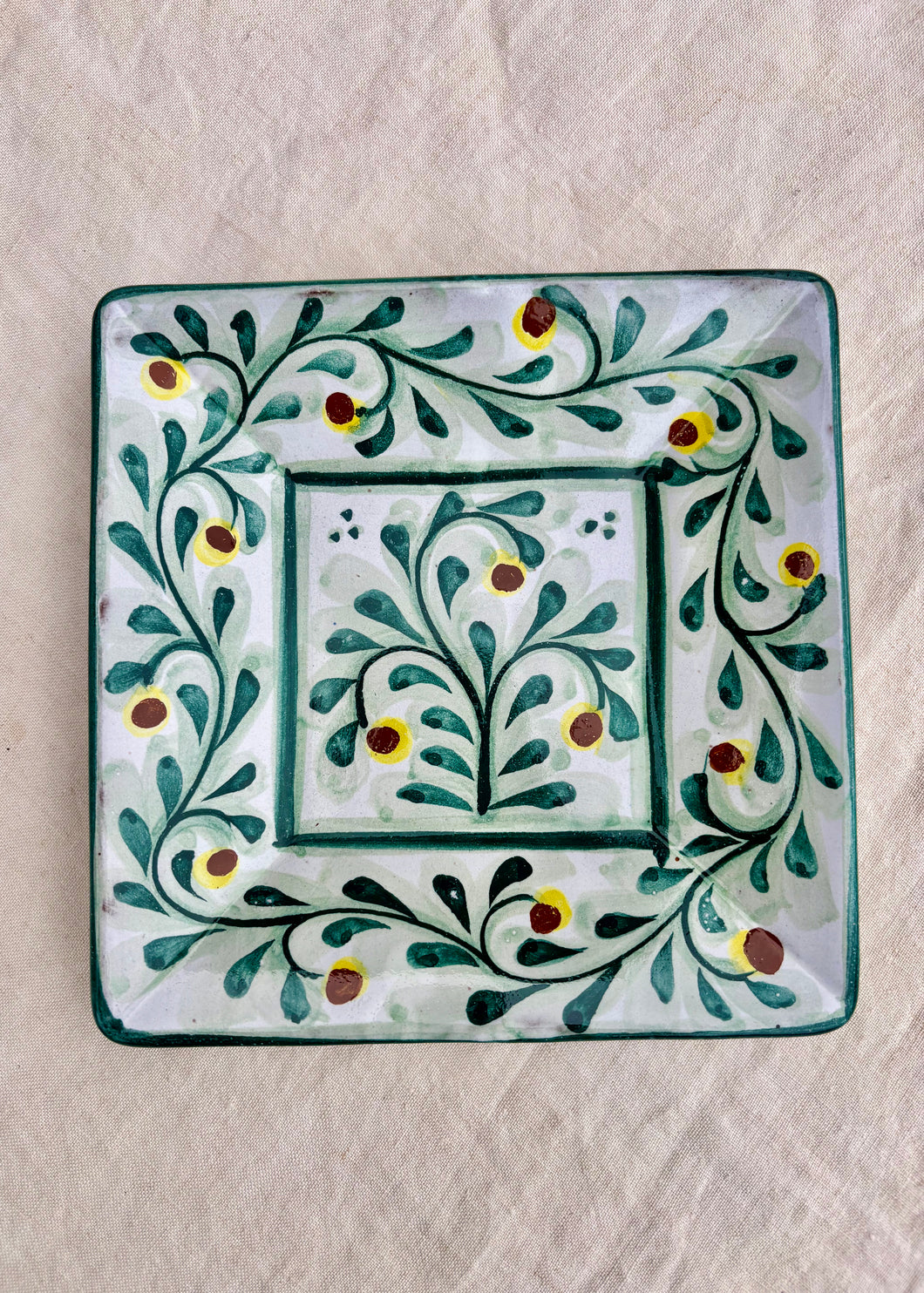 Square, leafy hand painted dish by Porches