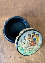 Load image into Gallery viewer, Round paper mâché lidded pot hand decorated with an elephant
