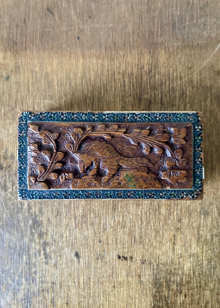 Japanese hand carved wooden box with squirrel