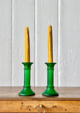 Load image into Gallery viewer, A pair of frosted green glass candlesticks
