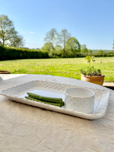 Load image into Gallery viewer, White ceramic faux wicker serving platter with majolica asparagus

