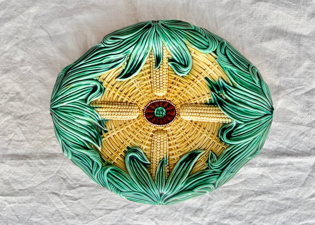 English Majolica corn and faux wicker bread platter