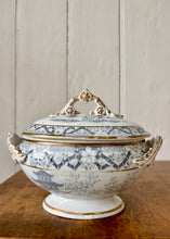 Load image into Gallery viewer, Grey and white transfer ware lidded tureens in oriental style with gilt trim

