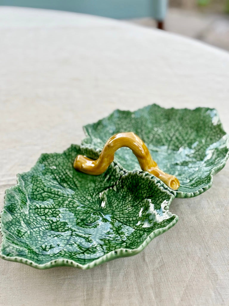 Twin vine leaf majolica nibbles dish by Bordallo Pinheiro