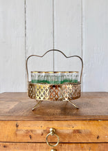 Load image into Gallery viewer, Set of 6 gilt and green trimmed shot glasses in gilt stand
