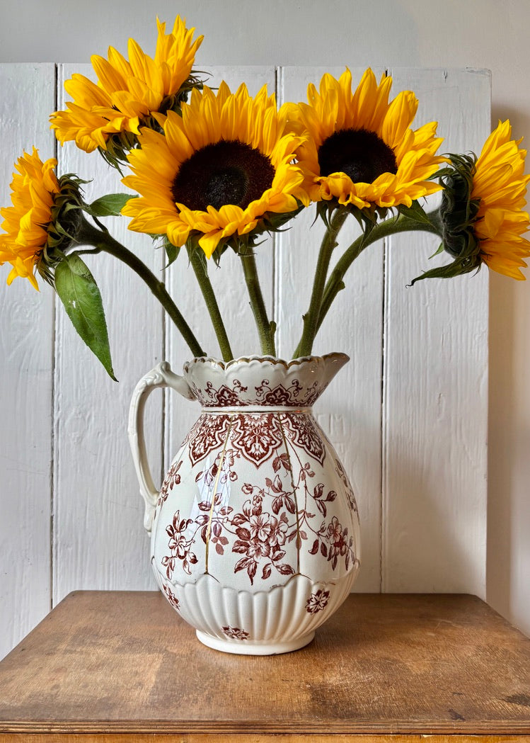 Large brown and white floral jug by Hanley, Staffordshire