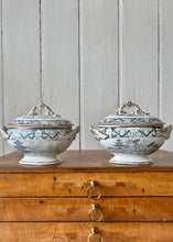 Load image into Gallery viewer, Grey and white transfer ware lidded tureens in oriental style with gilt trim
