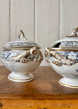 Load image into Gallery viewer, Grey and white transfer ware lidded tureens in oriental style with gilt trim
