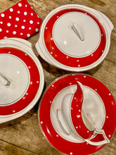Load image into Gallery viewer, A set of Crownford Art Deco tableware with white polka dots on scarlet
