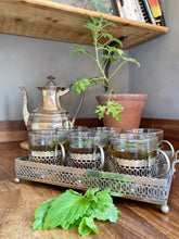 Load image into Gallery viewer, A set of Moroccan inspired white metal glass holders and matching serving tray
