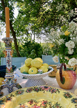 Load image into Gallery viewer, Pierced lattice basket-style pedestal dish full of majolica lemons
