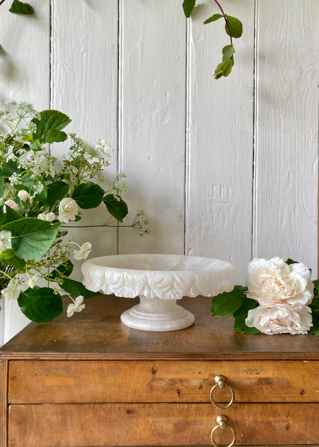 Carved alabaster pedestal dish