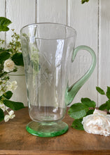 Load image into Gallery viewer, Tall pale green glass jug or pitcher etched with leaves
