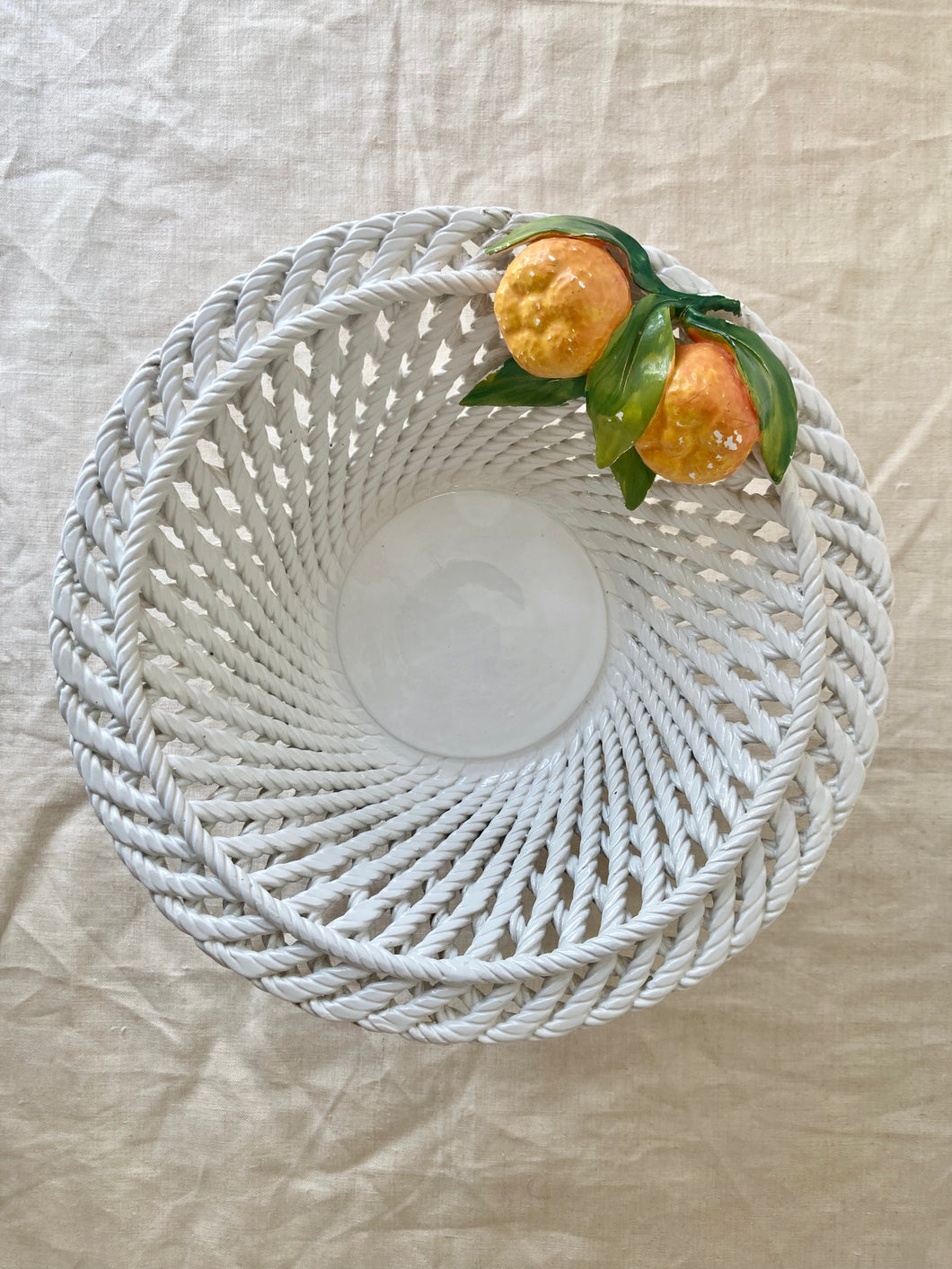 Italian pierced lattice faux basket pedestal dish with satsumas