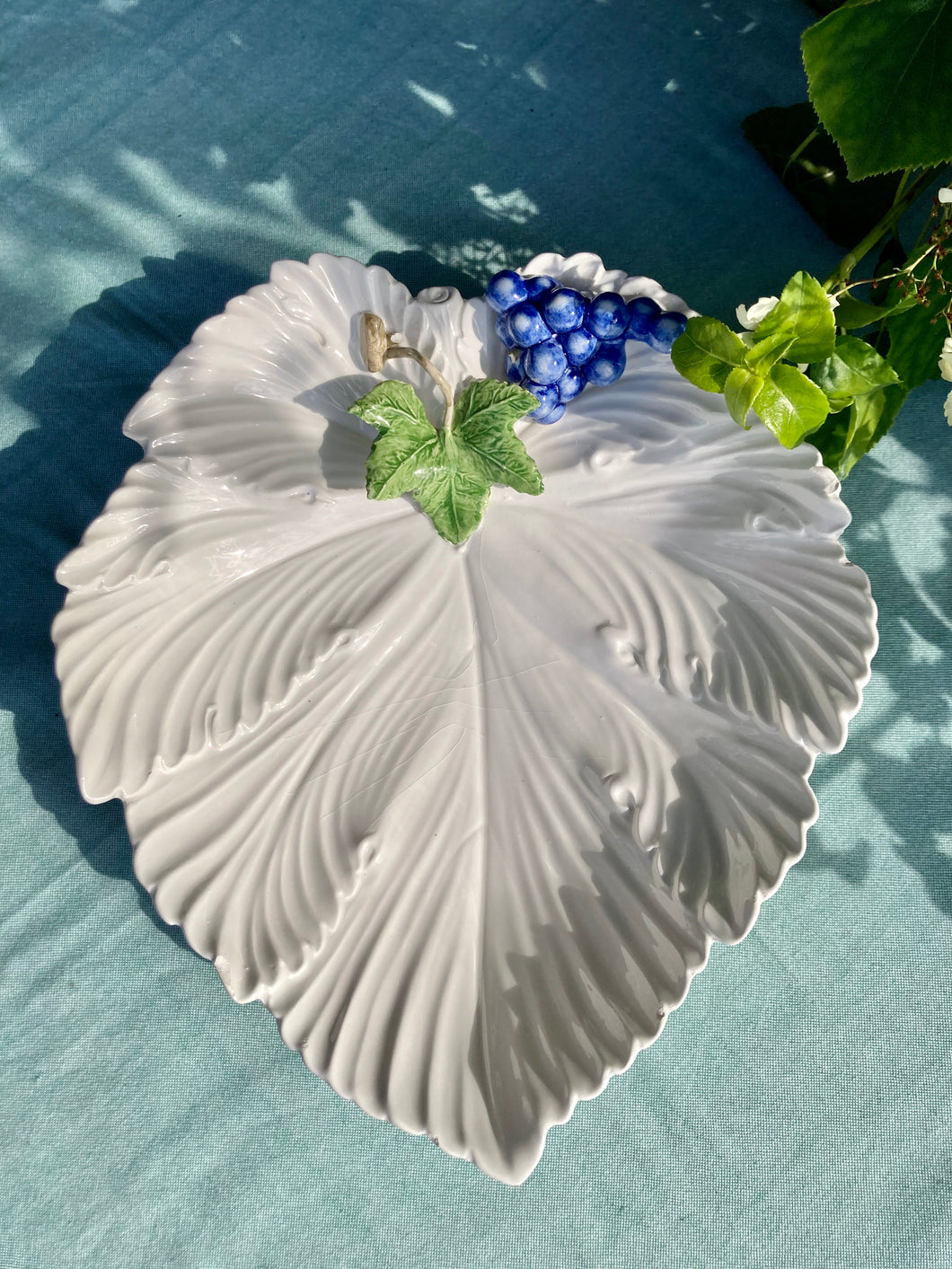 Large white vine leaf Italian dish with grapes