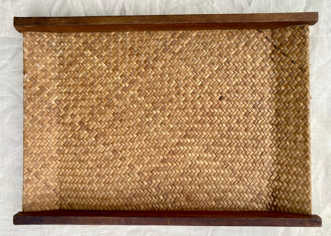 Woven seagrass covered wooden tray