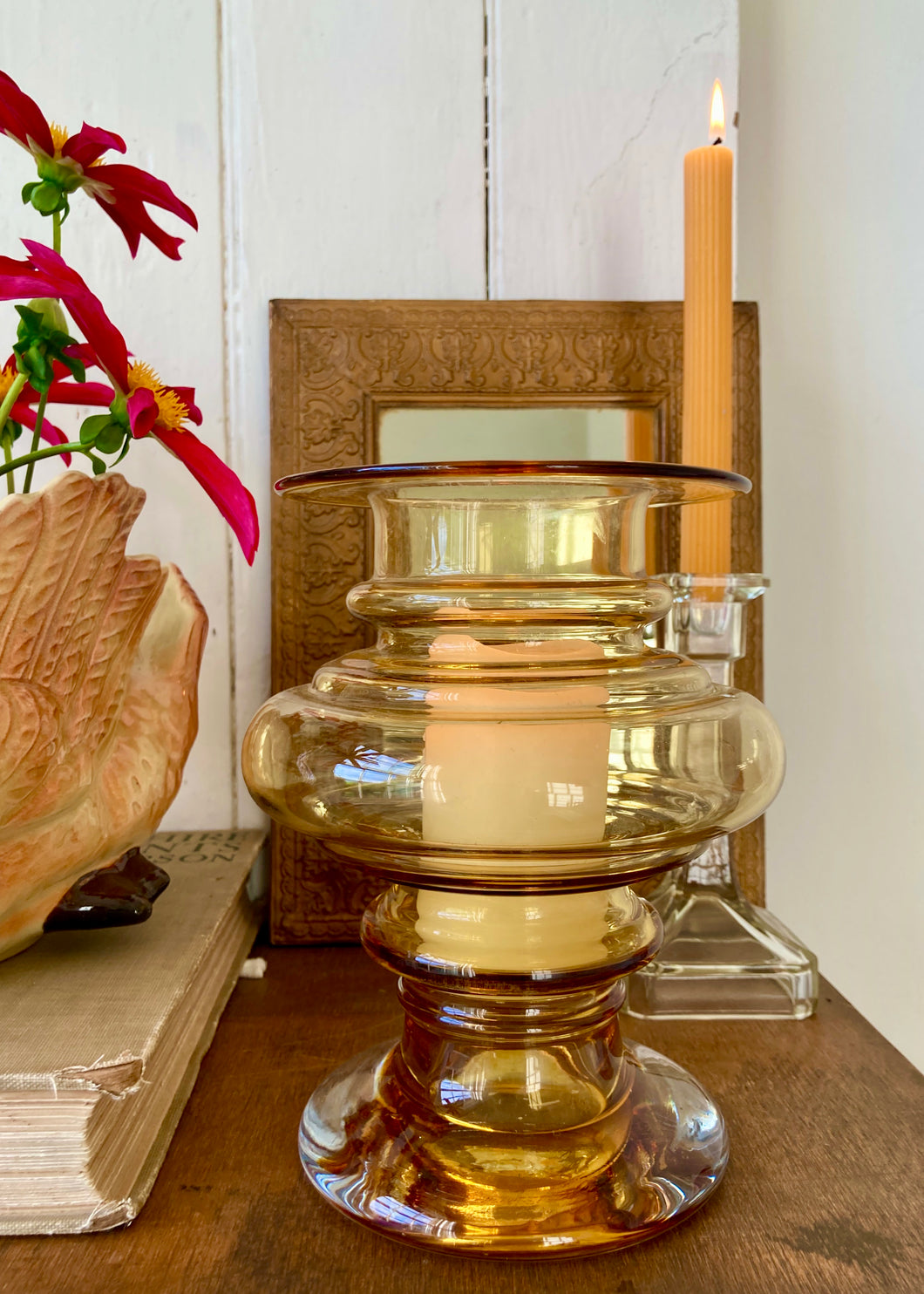 Scandi amber glass hurricane lamp