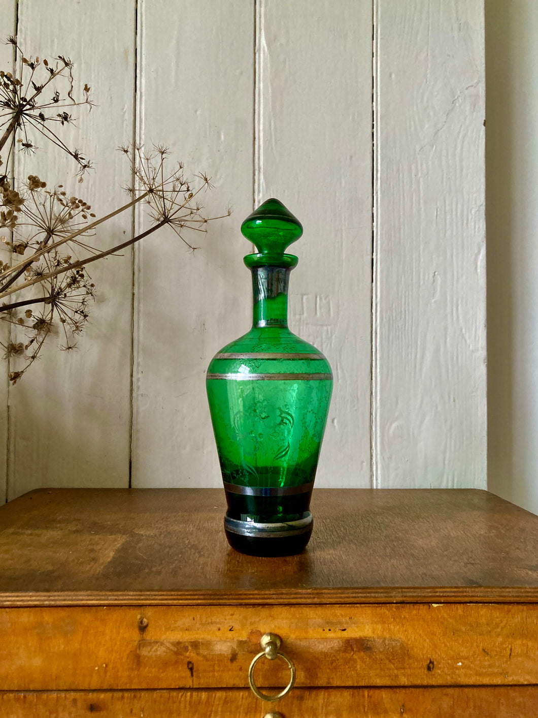 Hand blown green glass Italian decanter with original stopper