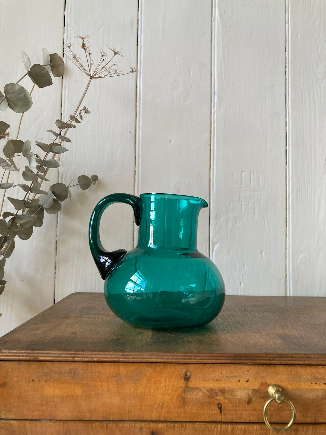 Green glass hand blown jug