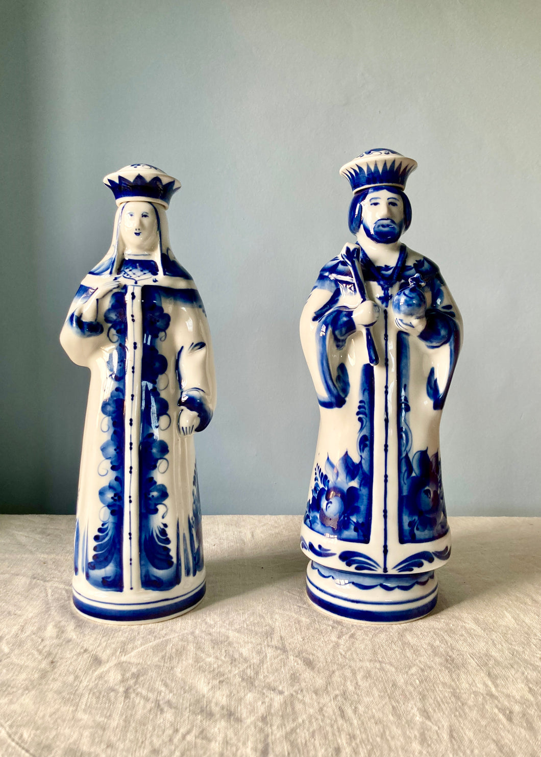 A rare pair of porcelain Russian vodka decanters by Kutskova Vodka