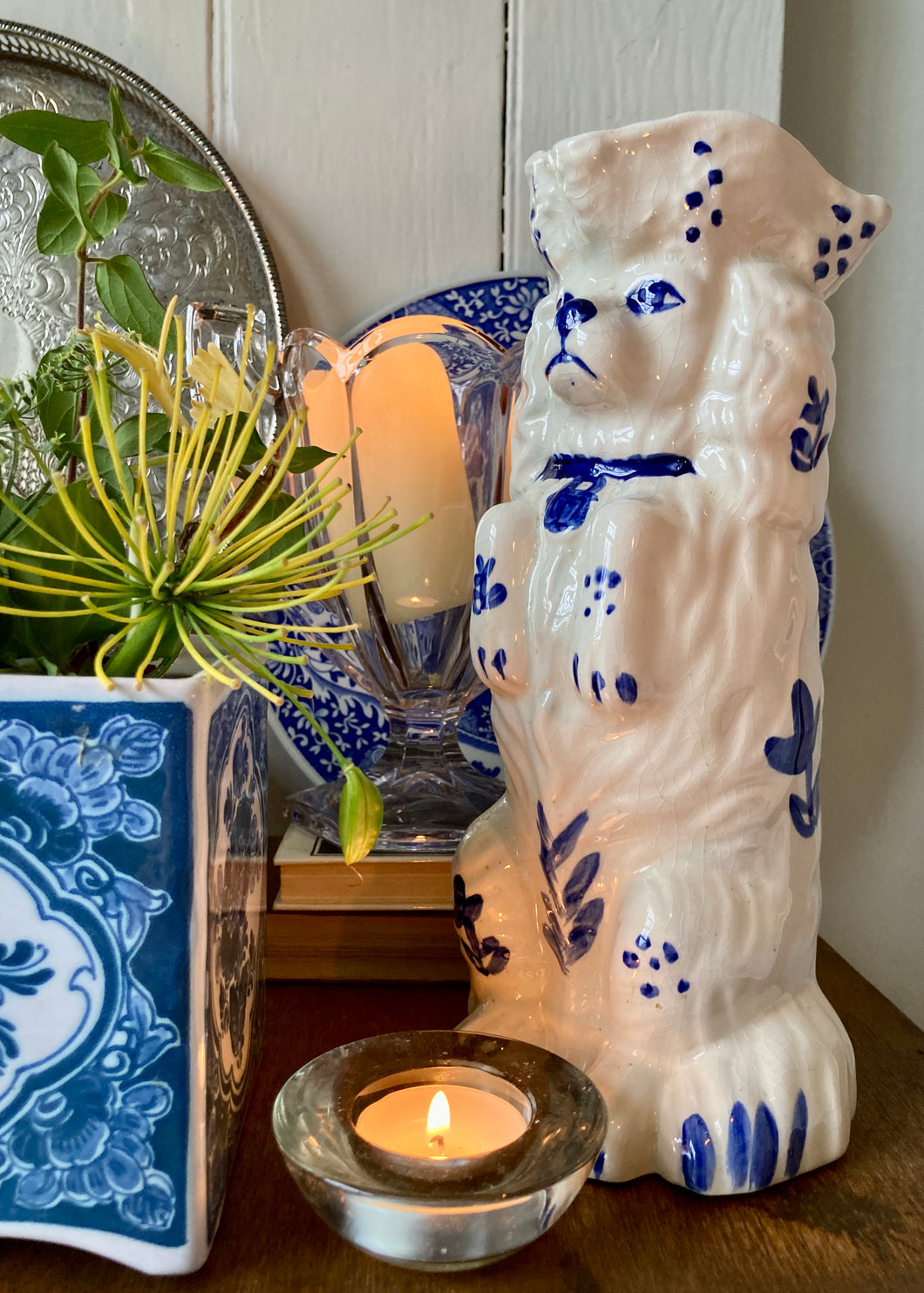 Antique blue and white Staffordshire Dog jug or vase