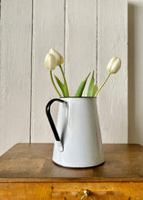 Load image into Gallery viewer, White enamel vintage jug with navy trim
