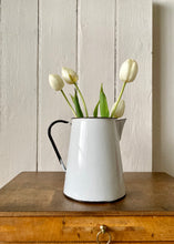 Load image into Gallery viewer, White enamel vintage jug with navy trim
